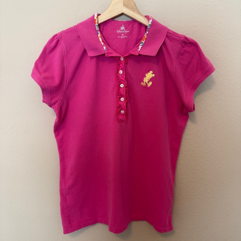 Disney Parks Shirt Womens XL Pink Ruffle Mickey Mouse Embroidered Polo